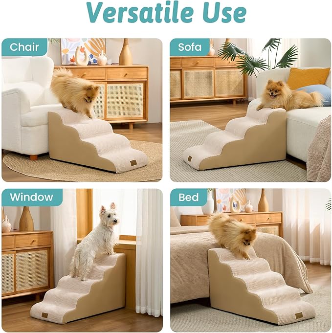 Dog Stairs for Small Dogs 15.7" H, 4-Step Sturdy Foam Dog Steps for Couch or Sofa, Curved Pet Stairs for Puppy and Older Cat, Doggie Ladder with Washable Cover, 15.7x28.3x15.7 inch, Beige