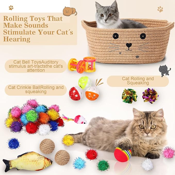 Zopeal 58 Pcs Cat Storage Basket Gift Toys Set, Colorful Flashing Balls Pet Bell Crinkle Balls Spring Toys Attract Cat to Swat, Hunt, Interactive for Pet(Khaki,9.8 Inch)