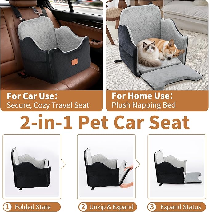 XEEP Dog Car Seat Bed for Small/Medium Dogs – 2 in 1 Car Seat for Dogs Up to 35 lbs -Use Travel Booster Seat with Memory Foam, Safety Belt, Bonus Urine Pad & Blanket, Removable Washable Cover, Grey