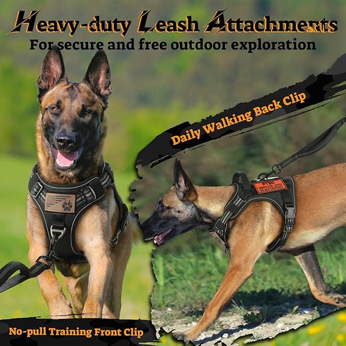 rabbitgoo Dog Harness for Large Dogs No Pull, Tactical Service Pet Vest with Molle and Control Handle, Adjustable and Reflective Military Harness for Easy Walking and Training, Black, L