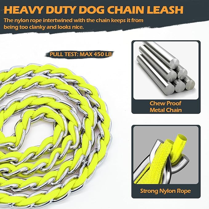 Chain Dog Leash Chew Proof Metal Leash for Medium Large Dogs, Chain Link Anti Chew 5.2FT Strong Anti Bite Comfortable Soft Padded Handle Yellow 3.0
