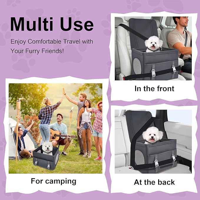 Dog Booster Car Seat, Foldable Puppy Car Safety Seat with 2-inch Elevated Cushion, Fully Detachable and Washable, Convenient to Carry, Easy to Install, Grey