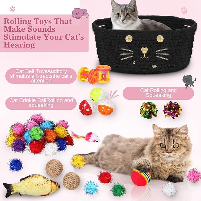 Zopeal 58 Pcs Cat Storage Basket Gift Toys Set, Colorful Flashing Balls Pet Bell Crinkle Balls Spring Toys Attract Cat to Swat, Hunt, Interactive for Pet(Black,9.8 Inch)