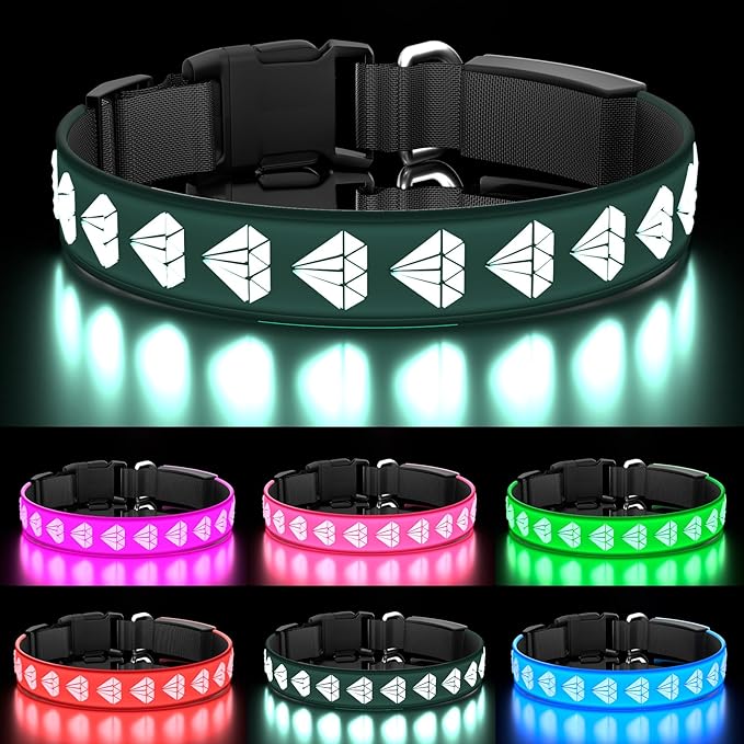 Light Up Dog Collar, 3D Design LED Dog Collars, Adjustable/ 15 Multi-Colors/Rechargeable/Waterproof Bright Pet Collar for Small Dogs, Light Up Collar for Night Walk, Black