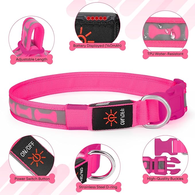 LED Dog Collar with Battery Display, Adjustable Light Up Dog Collars Rechargeable, Glowing in The Dark Reflective Light Collar Super Bright Safety Dog Light for Medium Large Small Pets (Pink, L)