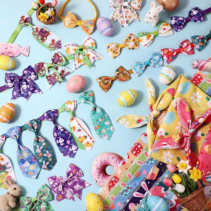 Reginary 120 Pcs Easter Dog Bandanas Bulk Dog Bows Set Bow Ties Cat Scarf Colorful Washable Triangle Pet Kerchief Cute Bib for Summer Small Medium Large Pets Grooming Accessories Costume