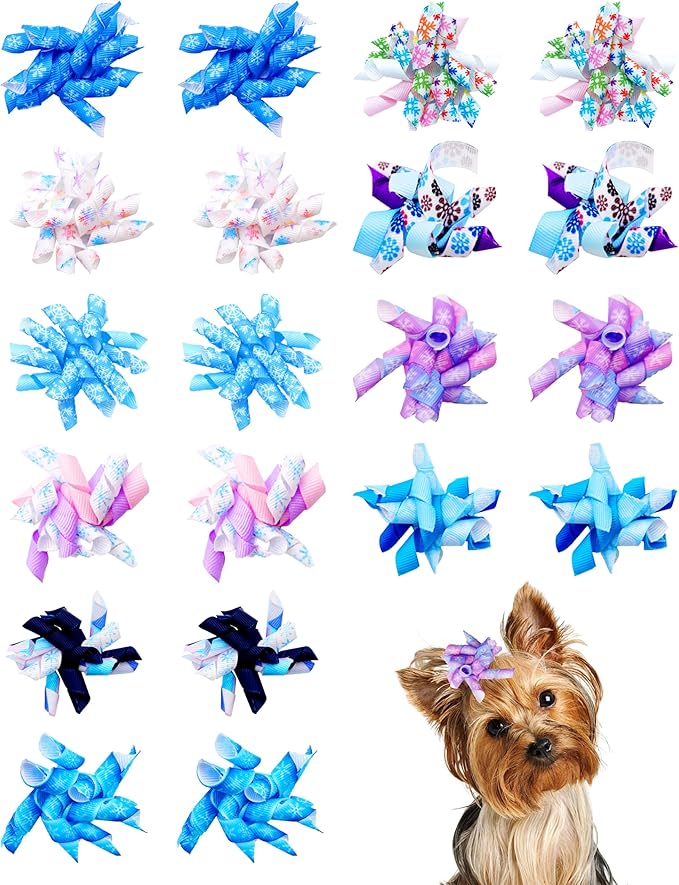 PET SHOW 20 Pack/10 Pairs Winter Curly Dog Hair Bows with Rubber Bands for Small Medium Dogs Spiral Puppy Swirl Topknot Cat Festival Snowflake Hair Accessories Pet Favor Gift (Winter Styles)
