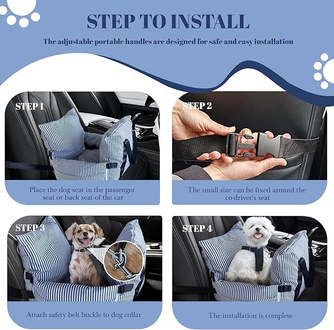 Daneey Small Dog Car Seat for Small Dogs under 15 lbs, Dog Booster Seat for Car, Fully Detachable Washable Dog Car Bed for Car Travel, Non-slip Safety Pet Car Seat with Seat Belt, Blue