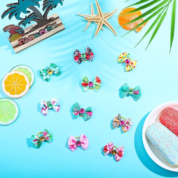 Tondiamo 100 Pack Summer Spring Dog Hair Bows with Rubber Bands Cute Puppy Bows for Dogs Spring Ear Bows Rhinestone Dog Hair Accessories Dog Bows Grooming for Small Girl Dogs