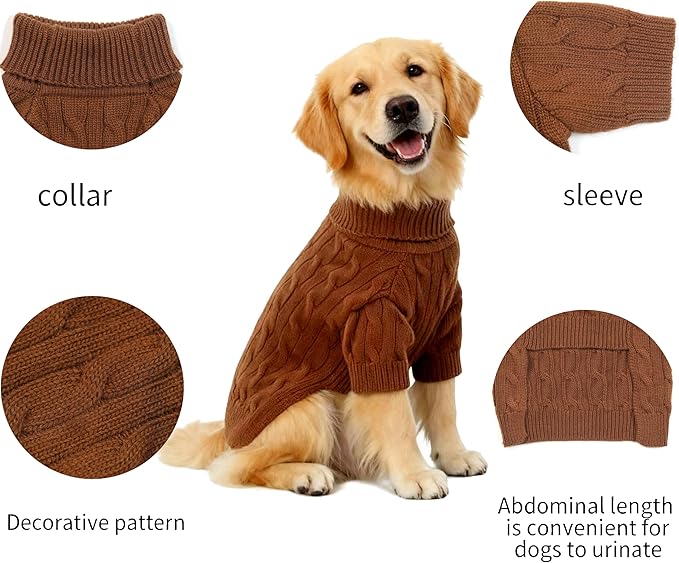 Small/Medium Dog Sweater, Warm Dog Winter Coat w/Sleeves, Comfortable High Neck Premium Dog Clothes for Golden Retriever-Best for Holidays, Daily Walks XXL Brown