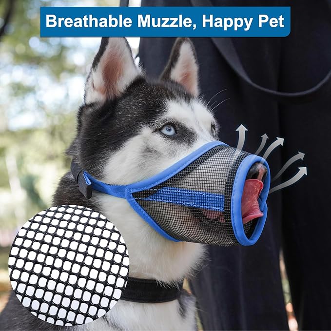 LUCKYPAW Dog Muzzle, Mesh Muzzle for Small Medium Dogs, Soft Mouth Cover to Prevent Biting Chewing, Drinkable Breathable Adjustable Puppy Mouth Guard(Blue, M)