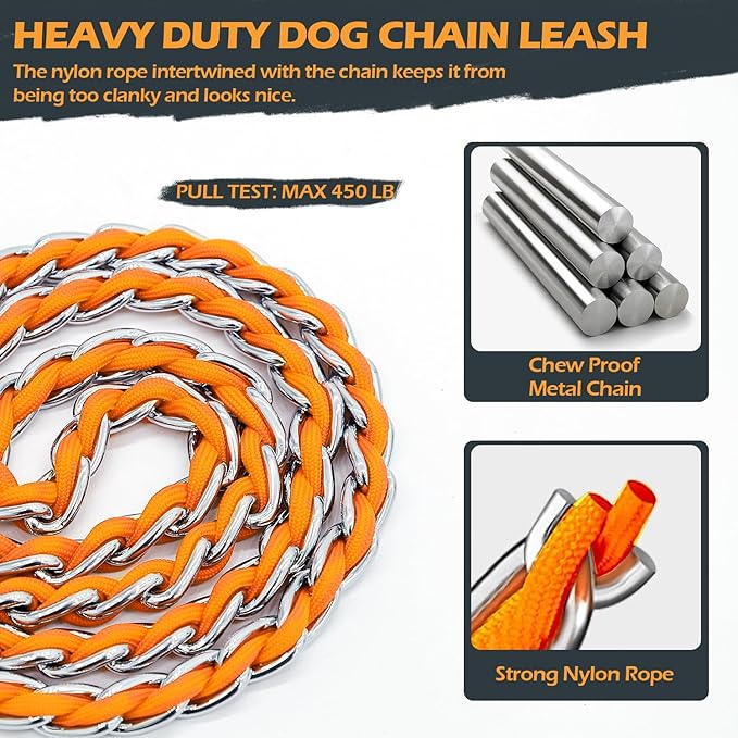 Chew Proof Metal Leash Chain Dog Leash for Medium Large Dogs, Chain Link Anti Chew 4FT Strong Anti Bite Comfortable Soft Padded Handle Orange