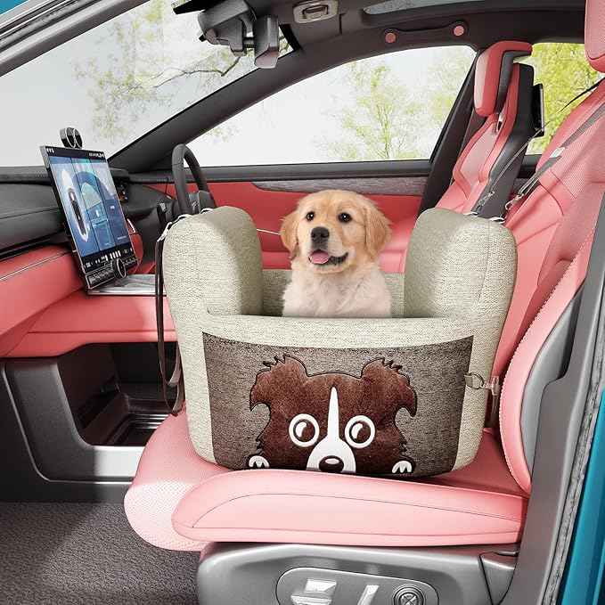 Dog Car Seat for Small Dogs,Waterproof Dog Booster Car Seat with Storage Pockets,Pet Carseat Puppy Travel Carrier Bed,Thickened Memory Foam Filling, Beige & Brown