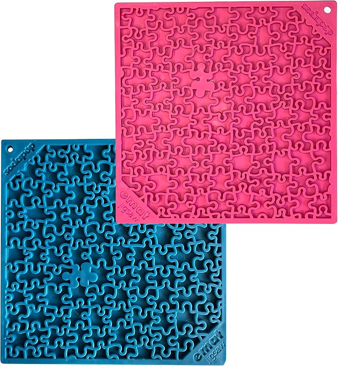 SodaPup Pink & Blue Jigsaw eMat Bundle – Durable Lick Mat Feeder Made in USA from Non-Toxic, Pet-Safe, Food Safe Rubber for Avoiding Overfeeding, Digestive Health, Calming, More