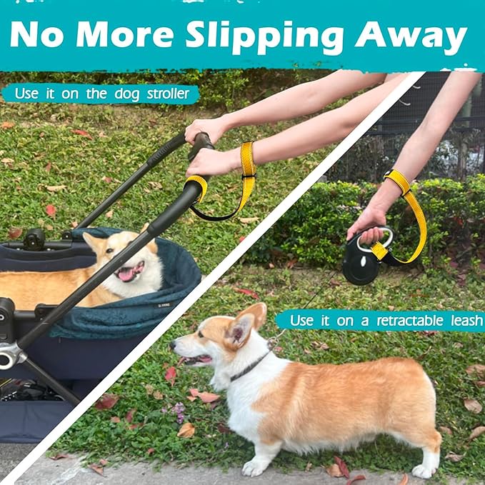 PetBonus Dog Leash Wrist Strap, Safety Strap for Retractable Leash, Lockable Reflective Short Dog Walking Lead with Adjustable Soft Padded Handle, Extra Layer Security for Pet Stroller (Yellow)