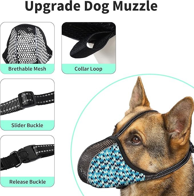 Dog Muzzle for Extra Large Breed Dogs to Prevent Biting Chewing Barking Soft Air Mesh Muzzles Reflective Ajustable Full Coverage Dog Mouth Guard Cover for Grooming Scavenging Blue XL