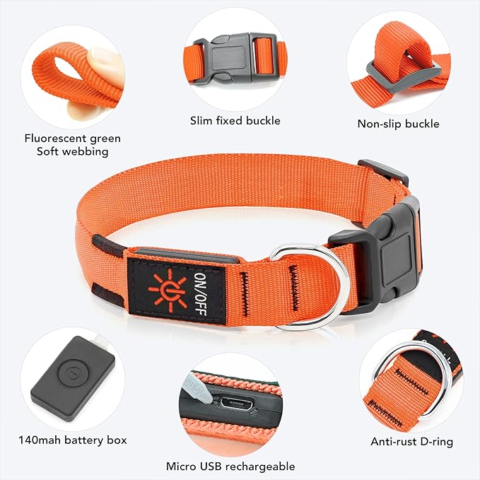 LED Dog Collar - Adjustable, Waterproof, Glow in Dark for Night Walking, Medium Large Dogs