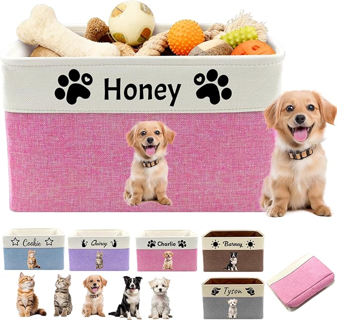 Personalized Dog Toy Basket with Name Photo Custom Cat Storage Organizer Box Collapsible Pet Chest Bins Customized for Toys Clothing-Pink