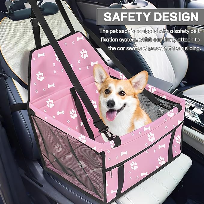 Wuyaoyao Pet Car Seat, Waterproof Breathable Oxford Cat Dog Car Booster Seat for Small Pets, Foldable Portable Vehicle Puppy Travel Basket with Seatbelt & Support Rod, for Pet Up to 22 lbs (Pink)