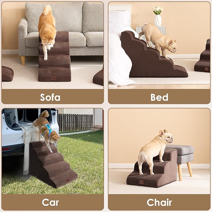 EHEYCIGA Curved Dog Stairs Ramp for High Beds 19.7" H, 4-Step Dog Steps for Small Dogs and Cats, Pet Stairs for High Bed Climbing, Non-Slip Balanced Pet Step Indoor, Brown