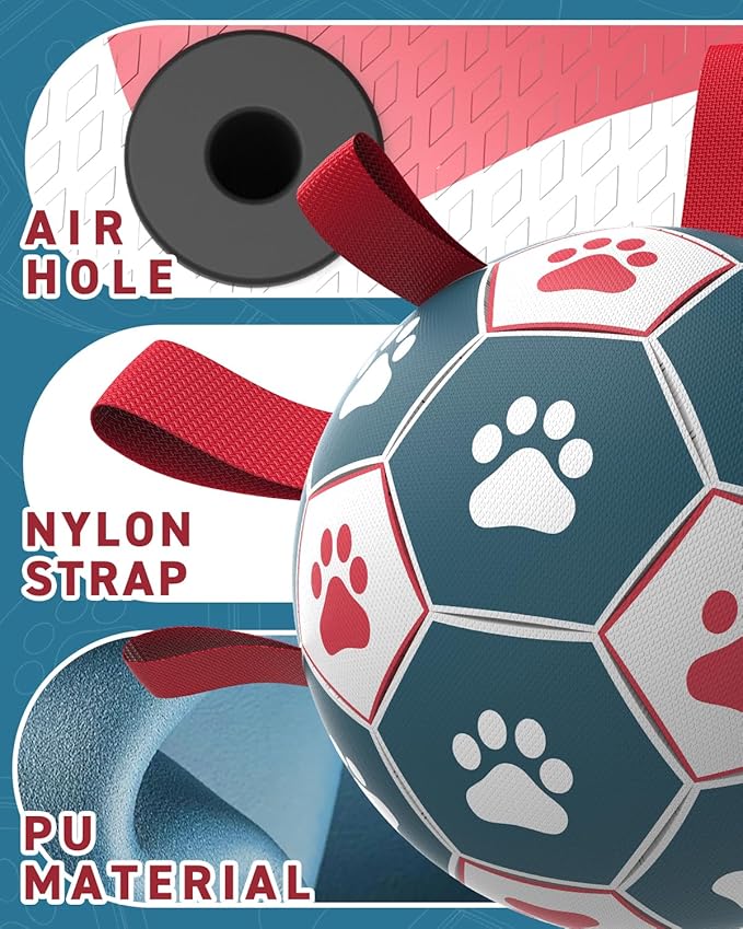 QDAN Dog Toys Soccer Ball with Straps, Durable Giant Dog Balls, Outdoor Dogs Toys, Herding Ball, Birthday Gifts (10 Inch)
