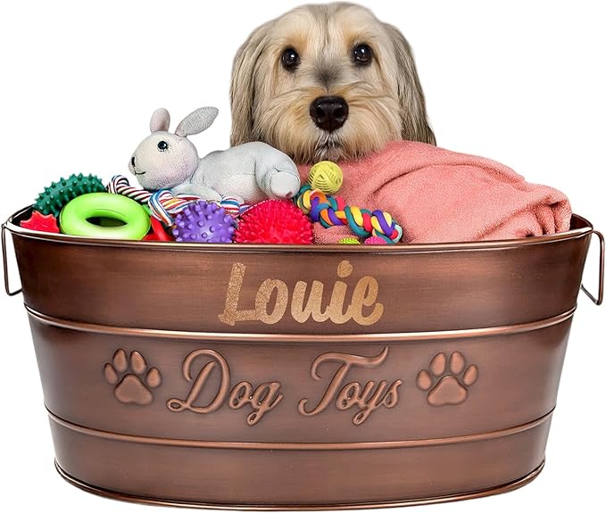 BREKX Personalized Metal Dog Toy Bin - Copper Galvanized Storage Bin with Handles, Basket for Pet Toys, Dog Toy Box, Pet Storage - Custom Dog Name Gift (Large)
