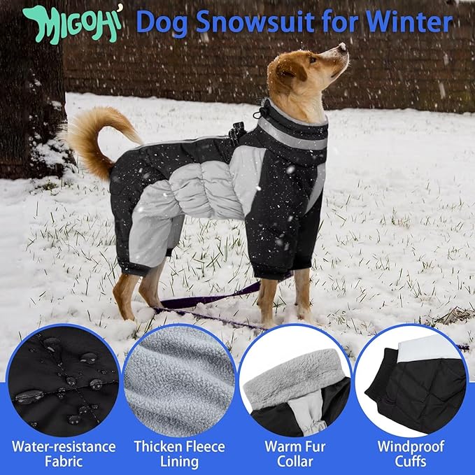 MIGOHI Full Body Dog Coat - Warm Reflective Small Dog Winter Coat with Harness, Turtleneck Fleece Jacket for Dogs,Four-Leg Windproof Puffer Jackets Snowsuit with Zipper for Small Medium Large Dogs,XS