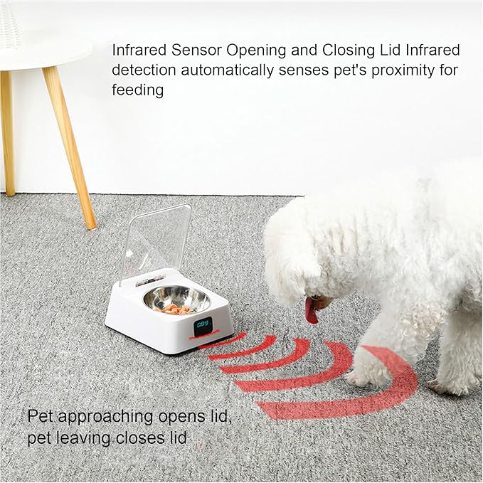 AYNEFY Automatic Pet Feeder,USB Charging Digital Display Intelligent Infrared Sensor Lid Opening Dog Feeder Smart Dog Cat Feeder Pet Food Water Bowl for Home