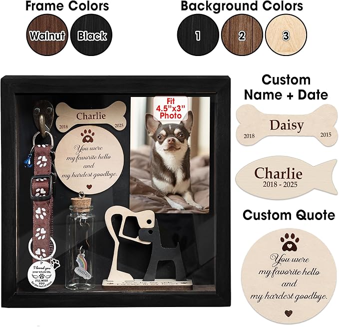 Personalized Shadow Box Cat Memorial Gift Collar Holder Picture Frame Sympathy Wood Pet Dog Cat Sculptures Fur Jar Rainbow Bridge Hair Teeth Keepsake Idea Gift for Pet Lover Tabletop Wall Hanging