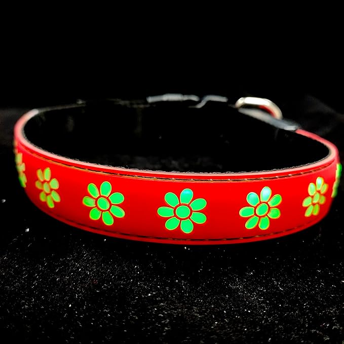 Subversive USB-C led Light up Airtag Dog Collar, Subversive 3D Sunflower Design Comfortable and Soft Material,Multicolored Lighting (Red, M(15.7-19.7"))