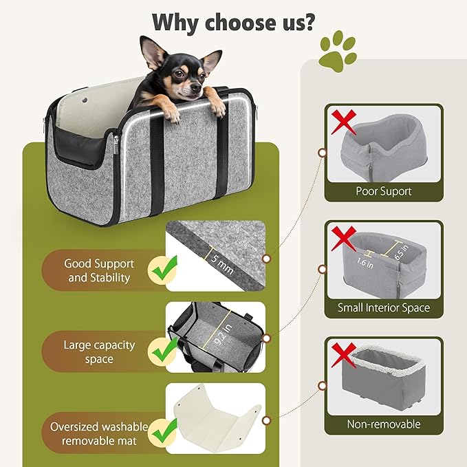 YUDODO Large Console Dog Car Seat (Width＞9in) Fits 0-18lbs, Anti-Slip Puppy Cat Travel Portable Booster Seat, Portable Pet Car Bed Carseat Dual Front & Rear Pillow Gray