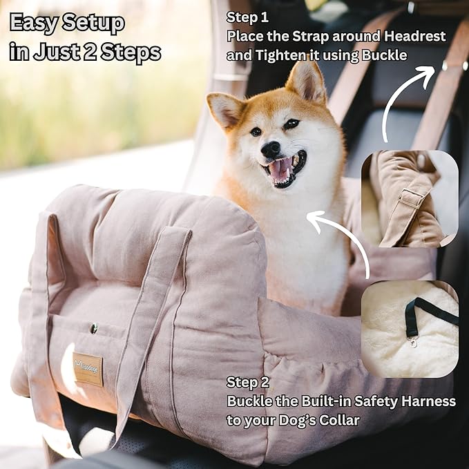 Vintage Dog Car Booster Seat for Small Dogs, Handmade Comfortable and Robust Design, Small Dog Owner Gift, Safety Belt, Secure Straps, Perfect for Dogs Under 30 Lbs
