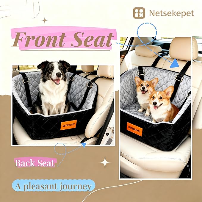 Dog Car Seat for Small Pets, Detachable Washable Pet Booster Seat Under 30lbs, Travel Bed with Storage Pockets and Dog Safety Belt (Black/Grey)