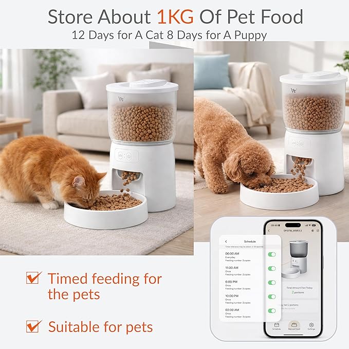 Smart Pet Feeder for Cats and Dogs – 3L Automatic Food Dispenser with App Control, 2.4GHz WiFi Timed & Portion Control 10 Meals/Day Dual Power Supply Airtight Lid – Ideal for Small Pets Indoor
