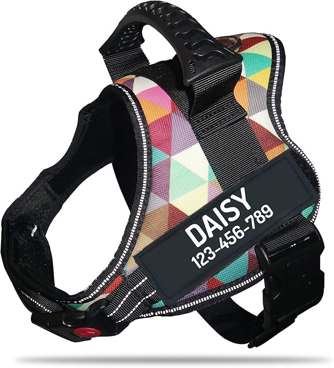 Personalized No Pull Dog Harness with Custom Name and Phone Number by PawPawify, Heavy Duty Pet Vest to Prevent Tugging, Pulling, or Choking, Training and Walking XXL Chest 33-46in Color Grid