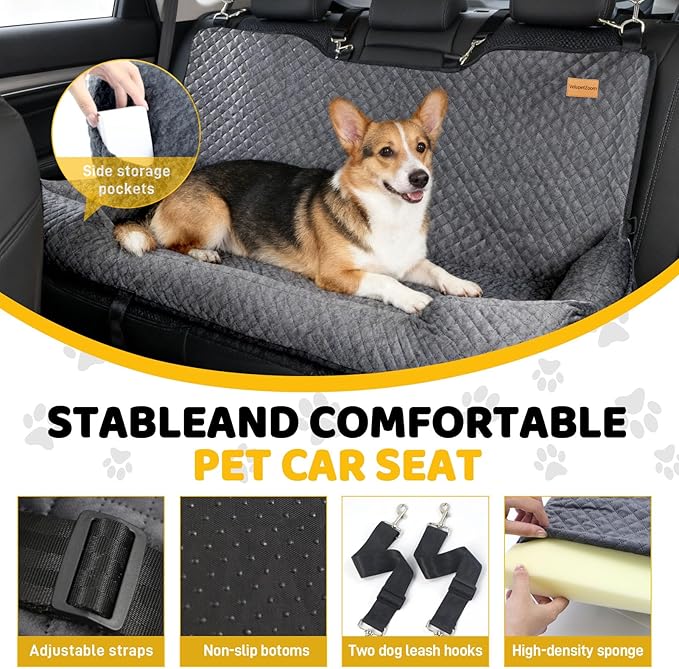 Dog Bed for Car Back Seat,Car Seat for Dogs Under 100 lbs,Pet Booster Seat Cushion,Easy to Install with 2 Safety Leashes,Gray