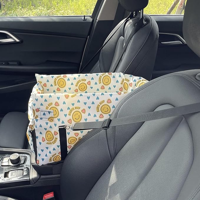 Center Console Dog Car Seat with Safety Strap Soft Cotton Cushion Detachable Armrest Pet Seat for Small Dogs Cats Under 14lbs Portable Travel Bag for Cars SUVs (Yellow)
