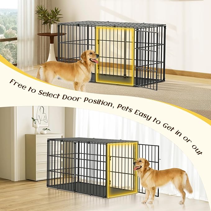 Pawaboo Heavy Duty Dog Crate, 56 inch Large Metal Dog Cage, Thickened Anti-bite Dogs Kennel with Mat, Dogs Playpen with Secure Top, Pet Cage Crate with Lock Door, Black