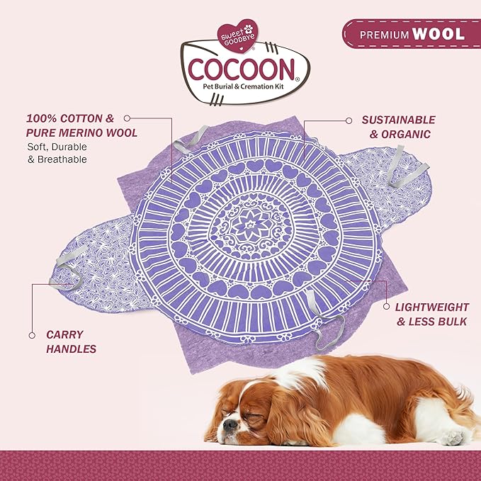 Cocoon® - Eco-Friendly Pet Burial & Cremation Ceremony Kit (Premium Wool) - Casket for Dogs and Cats (Choose Size & Color) (Medium, Lavender)