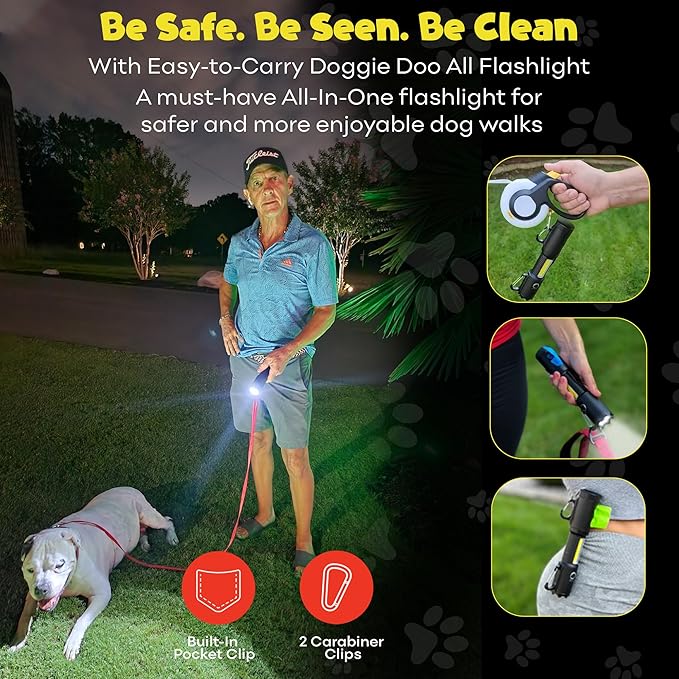Dr. Mike's Doggie Doo All Rechargeable Flashlight with Poop Bag Dispenser, 6 Mode High Lumen Heavy Duty Flashlight with Sidelight, Self Defense Clip On Flashlight for Dog Leash with Waste Bags