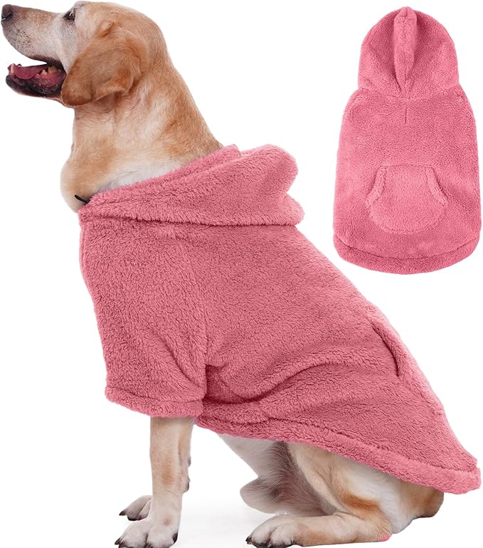 IDOMIK Fuzzy Dog Sweater with Adjustable Hood, Warm Fleece Dog Sweater Hoodie with Harness Hole & Pocket, Pullover Sweaters for Large Dogs, Fuzzy Hooded Sweatshirt for Fall Winter Christmas,Pink,3XL