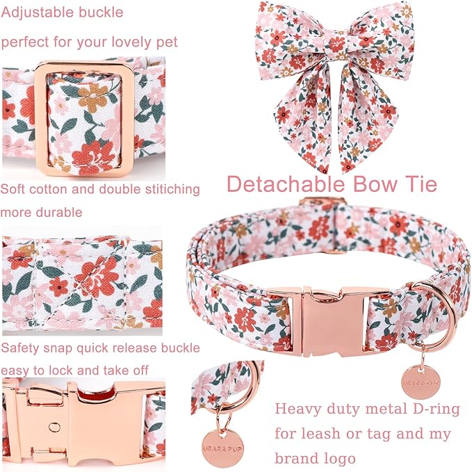 Flower Bowtie Dog Collar With Metal Buckle - Summer Comfortable Cotton Collar for Puppy Boy Girl, XL