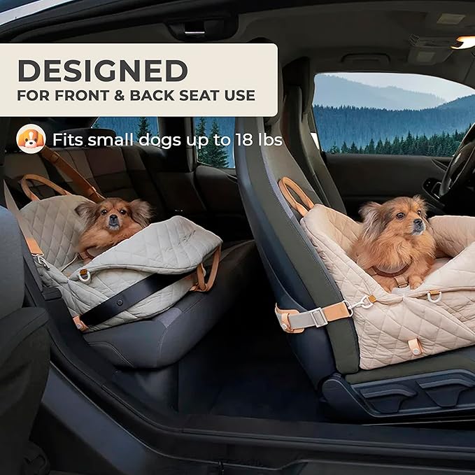 Dog Car Seat for Small Dogs – 3-in-1 Travel Carrier, Booster & Dog Bed for Car – Washable, Anti-Slip, Safety Straps – Fits Front & Back Seats – Cozy Pet Car Seat up to 25 lbs – Beige