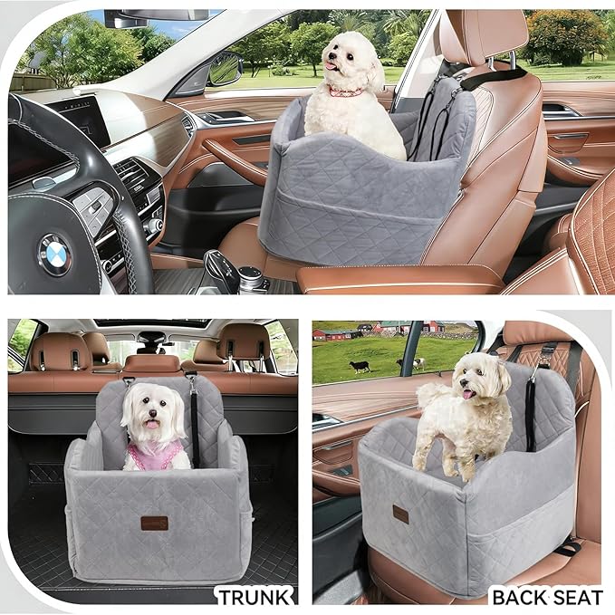 Juniverse Dog Booster Car Seat for Small to Medium Dogs Up to 30 lbs, Memory Foam, Washable Velvet Fabric Cover, Safety Leash, Storage Pockets, 19x19x19 Inches (Gray)