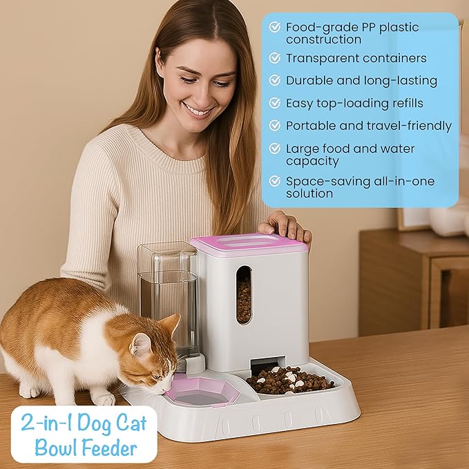 Automatic Pet Feeder & Water Dispenser – 2-in-1 Large Gravity Dog & Cat Food Feeder Water Bowl – Easy to Clean, No Power Needed – Durable, Non-Slip, Indoor/Outdoor Pet Station (Pink)