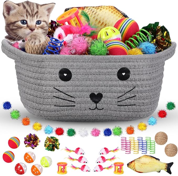 Zopeal 58 Pcs Cat Storage Basket Gift Toys Set, Colorful Flashing Balls Pet Bell Crinkle Balls Spring Toys Attract Cat to Swat, Hunt, Interactive for Pet(Grey,9.8 Inch)