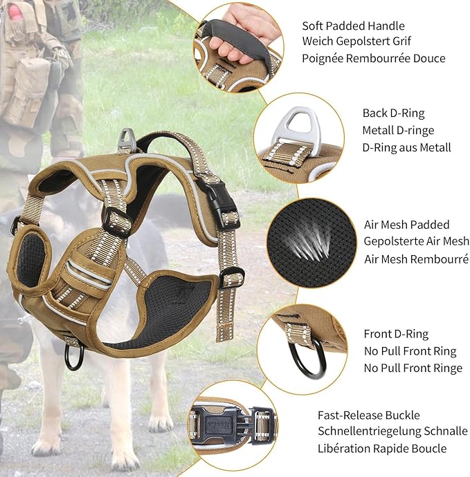 HEELE Dog Harness, Dog Harness for Small Medium Large Dogs No Pull Adjustable Padded Reflective Harness with Handle for Walking Training, Brown, L