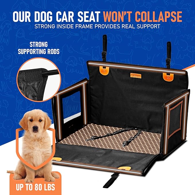 Dog Car Seat Medium Sized Dog or 2 Small Dogs. Hard Bottom, Dual Safety Belt, Waterproof, Mesh Sides, Scratch-Resistant. Car Seat for Medium to Large Dogs, Pet Carseat Cover 29.5" X 19.7" X 19.7"