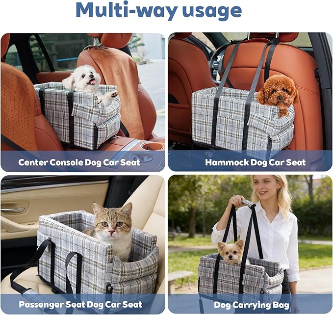 Dog Car Seat for Small Dogs - Portable Center Console Booster Seat with Anti-Collapse Design & Safety Tethers, Pet Travel Carseat Up to 15 lbs -Grey