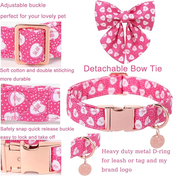 Valentine’s Dog Collar with Bow Tie, Pink Heart Bowtie Collar with Metal Buckle, Valentine’s Gift Pet Collar for Puppy Girl Boy Dog or Cat, Wedding Dog Collar, S